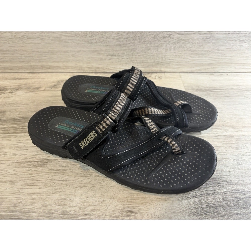 Skechers Reggae Rasta Womens 8 Black Tan Flip Flop Thong Sandals Slip On Comfort